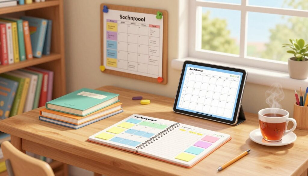 A cozy and organized homeschool workspace featuring an array of scheduling tools. In the foreground, a wooden desk is neatly arranged with a color-coded planner, sticky notes in pastel colors, and a digital tablet displaying a calendar app. A couple of textbooks and a cup of tea rest nearby, adding to the inviting atmosphere. In the middle ground, a bulletin board showcases a loop schedule filled with subjects and activities, creatively pinned with colorful clips. The background features bookshelves packed with educational resources and a large window letting in soft, natural light, creating a warm and conducive learning environment. The mood is calm and productive, capturing the essence of effective homeschooling. The angle is slightly above eye level, focusing on the desk while hinting at the broader space.