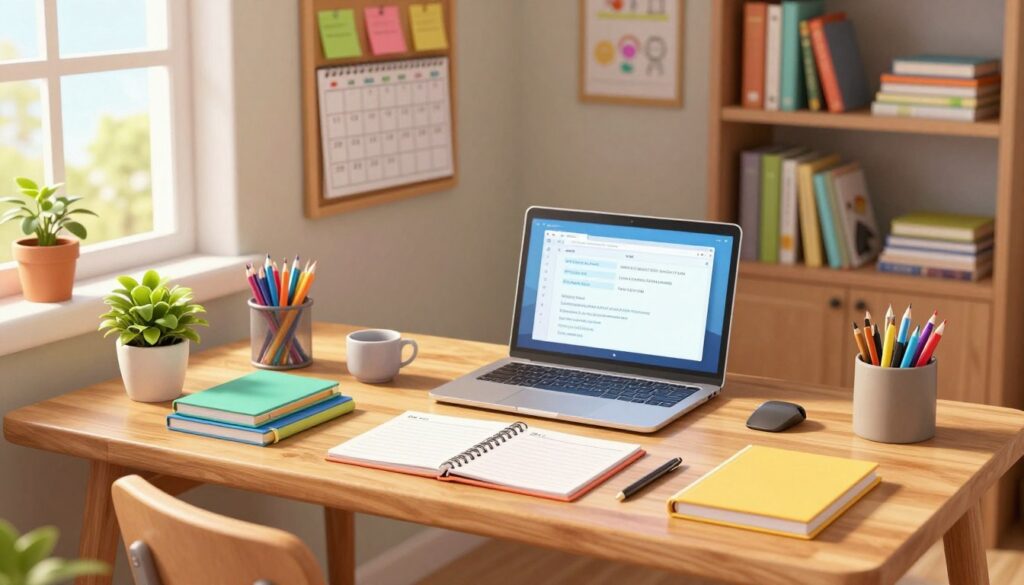 A cozy and organized homework command center set in a well-lit, inviting home office space. In the foreground, a sturdy wooden desk is filled with neatly arranged school supplies—colorful notebooks, pens, and a well-used planner. To the left, a small potted plant adds a touch of nature. In the middle, a laptop displays an open homework assignment with a soft glow from the screen. Behind the desk, a bulletin board is pinned with colorful sticky notes and a calendar highlighting important dates. The background shows a comfortable chair and shelves filled with books and educational materials. The room is illuminated by warm, natural light coming through a nearby window, creating a productive and motivating atmosphere. A cozy and organized homework command center set in a well-lit, inviting home office space. In the foreground, a sturdy wooden desk is filled with neatly arranged school supplies—colorful notebooks, pens, and a well-used planner. To the left, a small potted plant adds a touch of nature. In the middle, a laptop displays an open homework assignment with a soft glow from the screen. Behind the desk, a bulletin board is pinned with colorful sticky notes and a calendar highlighting important dates. The background shows a comfortable chair and shelves filled with books and educational materials. The room is illuminated by warm, natural light coming through a nearby window, creating a productive and motivating atmosphere.