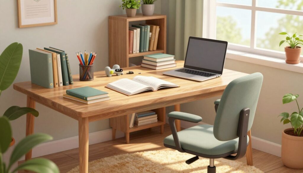 A cozy and organized study space for homework, featuring a sturdy wooden desk with neatly arranged school supplies, open textbooks, and a laptop. In the foreground, a comfortable ergonomic chair invites focus. The middle ground showcases a soft, warm rug underfoot and a bookshelf filled with neatly organized books and plants, adding a touch of nature. The background includes a large window allowing natural light to flood the room, creating an inviting atmosphere. Gentle shadows play across the desk, enhancing the calm ambiance. The color palette consists of soothing neutrals and greens, promoting concentration. An overall sense of tranquility is emphasized, making it an ideal environment for focused learning.