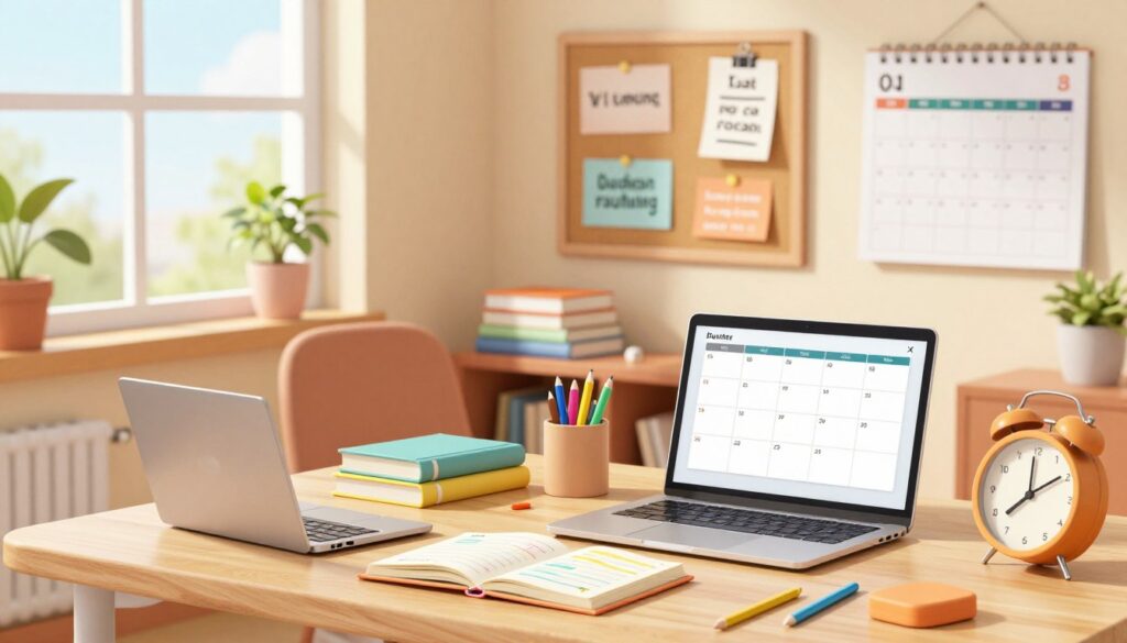 A cozy and well-organized workspace featuring a teenage desk setup showcasing an effective daily routine. In the foreground, a tidy desk with a laptop, open planner, colorful stationery, and a clock displaying a balanced schedule. In the middle ground, a soft chair with a stack of books and a bulletin board filled with inspiring quotes and a weekly planner. The background shows a warm-toned room with natural light streaming through a window, plants, and a calendar on the wall. Use a bright and inviting color palette to create a productive and motivating atmosphere, emphasizing balance and organization. The scene should evoke a sense of focus and calm, capturing the essence of effective teen routines and maintaining balance in their lives. A cozy and well-organized workspace featuring a teenage desk setup showcasing an effective daily routine. In the foreground, a tidy desk with a laptop, open planner, colorful stationery, and a clock displaying a balanced schedule. In the middle ground, a soft chair with a stack of books and a bulletin board filled with inspiring quotes and a weekly planner. The background shows a warm-toned room with natural light streaming through a window, plants, and a calendar on the wall. Use a bright and inviting color palette to create a productive and motivating atmosphere, emphasizing balance and organization. The scene should evoke a sense of focus and calm, capturing the essence of effective teen routines and maintaining balance in their lives.