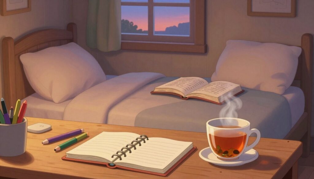 A cozy bedroom scene during the evening, radiating warmth and tranquility. In the foreground, a wooden desk cluttered with a planner, colored pens, and a steaming cup of herbal tea, suggesting preparation for the next day. In the middle ground, a neatly made bed with soft, inviting pillows and an open book lying on the covers, hinting at a relaxing reading session. The background features a softly illuminated window showing a dusky sky, with gentle twilight colors blending into one another. The lighting is warm and soft, creating an intimate atmosphere as shadows softly fall across the room. This scene conveys a peaceful evening routine, ideal for setting oneself up for a successful morning ahead.
