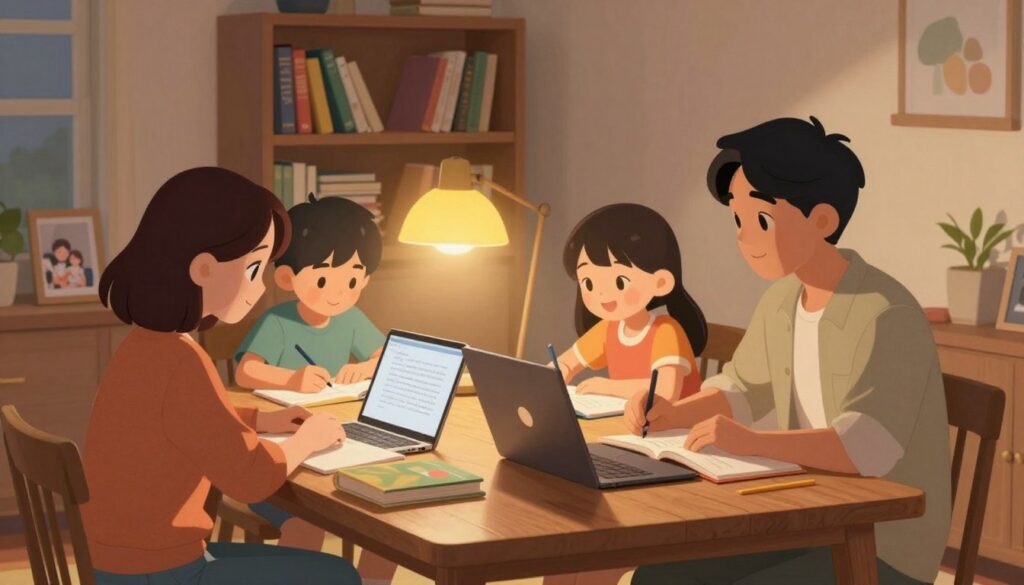 A cozy family study scene after dinner in a warmly lit room. In the foreground, a mother and father sit at a wooden dining table with books and laptops open, wearing comfortable yet stylish casual clothing. Two children, a boy and a girl, are working on their homework, smiling and engaged with their tasks. In the middle, a soft glow from a desk lamp casts a welcoming light, enhancing the focus on their collaborative efforts. The background features a bookshelf filled with colorful books and family photos, creating a homely atmosphere. The overall mood is warm and inviting, emphasizing a sense of togetherness and productive study time. The angle is slightly elevated, capturing the entire scene while ensuring clarity and warmth in the lighting. A cozy family study scene after dinner in a warmly lit room. In the foreground, a mother and father sit at a wooden dining table with books and laptops open, wearing comfortable yet stylish casual clothing. Two children, a boy and a girl, are working on their homework, smiling and engaged with their tasks. In the middle, a soft glow from a desk lamp casts a welcoming light, enhancing the focus on their collaborative efforts. The background features a bookshelf filled with colorful books and family photos, creating a homely atmosphere. The overall mood is warm and inviting, emphasizing a sense of togetherness and productive study time. The angle is slightly elevated, capturing the entire scene while ensuring clarity and warmth in the lighting.