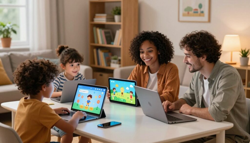 A cozy family study scene set in a warmly lit living room, featuring a diverse family—parents and two children—huddled around a modern, sleek table with laptops, tablets, and educational AI tools prominently displayed. The foreground shows the children's enthusiastic engagement with colorful digital learning apps. In the middle, a glowing tablet showcases an interactive learning game that captivates their attention, while the parents assist and encourage. The background reveals a well-organized bookshelf filled with educational materials, plants, and soft ambient lighting coming from a nearby lamp. The mood is warm, focused, and encouraging, highlighting a collaborative learning environment that embodies healthy habits. The scene is captured with a soft focus effect to enhance the inviting atmosphere. A cozy family study scene set in a warmly lit living room, featuring a diverse family—parents and two children—huddled around a modern, sleek table with laptops, tablets, and educational AI tools prominently displayed. The foreground shows the children's enthusiastic engagement with colorful digital learning apps. In the middle, a glowing tablet showcases an interactive learning game that captivates their attention, while the parents assist and encourage. The background reveals a well-organized bookshelf filled with educational materials, plants, and soft ambient lighting coming from a nearby lamp. The mood is warm, focused, and encouraging, highlighting a collaborative learning environment that embodies healthy habits. The scene is captured with a soft focus effect to enhance the inviting atmosphere.