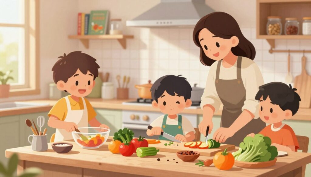 A cozy kitchen setting filled with warmth and natural light, showcasing a diverse group of children actively engaged in interactive cooking activities. In the foreground, a child carefully measures ingredients with a bright smile, wearing an apron, while another child chops vegetables under the supervision of a friendly adult mentor, dressed in casual, modest attire. The middle ground features a cluttered kitchen island filled with colorful ingredients—fresh vegetables, spices, and cooking utensils—arranged in an organized yet playful manner, reflecting the planning involved in cooking. In the background, shelves display cookbooks and jars, creating an inviting atmosphere. The lighting is soft and bright, evoking a cheerful and inspiring mood, capturing the excitement of learning essential planning skills through hands-on cooking experiences.