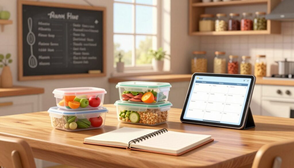 A cozy kitchen setting with a wooden table at the forefront, adorned with colorful meal prep containers filled with fresh vegetables, proteins, and whole grains. A neatly arranged notebook and a digital tablet displaying a weekly meal plan sit beside the containers. In the middle ground, a large chalkboard wall features kitchen utensils and written meal ideas, while a strategically placed window lets in soft, warm afternoon light, creating a welcoming atmosphere. In the background, a well-organized pantry filled with jars of spices and grains adds depth. The overall mood is balanced and focused, with elements of organization and creativity that inspire meal planning for a smooth week ahead.