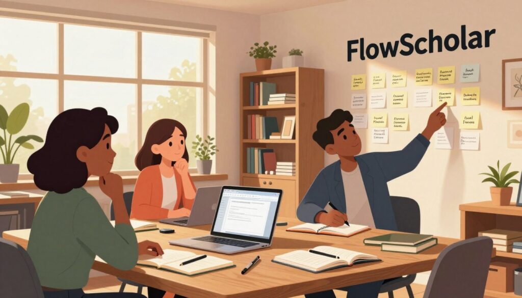 A cozy, modern writing studio named "FlowScholar," featuring a large wooden desk cluttered with notebooks, pens, and a laptop displaying a blank document. In the foreground, a diverse group of three people—two women and one man—are engaged in deep thought, dressed in smart business casual attire, with one pointing at a sticky note on the wall filled with writing prompts. The middle ground reveals a warm ambiance, with large windows allowing soft, golden sunlight to stream in, illuminating a bookshelf filled with writing guides and inspiration. The background includes a calming green indoor plant and tasteful artwork on the walls, creating an inviting and motivating atmosphere. The overall mood is one of creativity and collaboration, inviting viewers to feel inspired to start their writing journey. A cozy, modern writing studio named "FlowScholar," featuring a large wooden desk cluttered with notebooks, pens, and a laptop displaying a blank document. In the foreground, a diverse group of three people—two women and one man—are engaged in deep thought, dressed in smart business casual attire, with one pointing at a sticky note on the wall filled with writing prompts. The middle ground reveals a warm ambiance, with large windows allowing soft, golden sunlight to stream in, illuminating a bookshelf filled with writing guides and inspiration. The background includes a calming green indoor plant and tasteful artwork on the walls, creating an inviting and motivating atmosphere. The overall mood is one of creativity and collaboration, inviting viewers to feel inspired to start their writing journey.