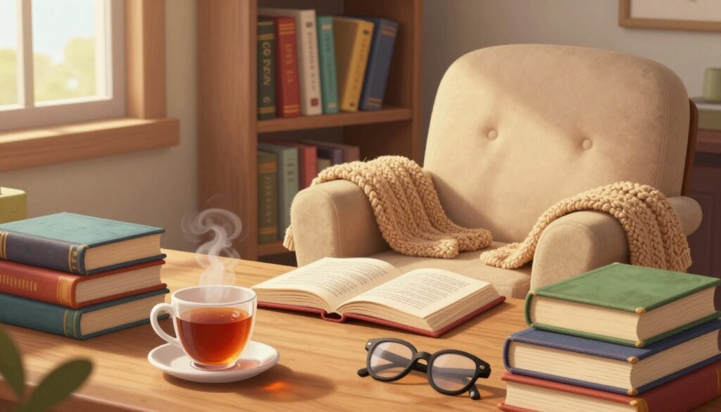 A cozy reading nook filled with an array of open and closed books stacked on a warm wooden table. In the foreground, a steaming cup of tea rests beside a pair of reading glasses, inviting exploration. The middle ground features a plush armchair upholstered in soft fabric, with a hand-knit blanket draped over it. The background is a bookshelf lined with assorted titles, showcasing worn spines and colorful covers, hinting at stories waiting to be discovered. Soft, natural light filters through a nearby window, casting gentle shadows and creating a serene atmosphere that encourages reflection and learning. The scene embodies warmth and inspiration, ideal for fostering a reading habit.