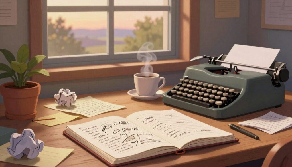 A cozy, softly lit workspace featuring a cluttered desk covered with handwritten notes, crumpled paper, and a steaming cup of coffee. In the foreground, an open notebook lies open with messy, free-flowing text scrawled across the pages, representing the chaotic nature of zero draft writing. A potted plant and a vintage typewriter add character to the scene, emphasizing creativity. In the background, a large window reveals a serene landscape at dusk, casting warm light into the room, inviting inspiration. The atmosphere is reflective and focused, with a sense of urgency and spontaneity in the air. Soft shadows create depth, and the overall mood is one of exploration and unfiltered expression in the writing process. A cozy, softly lit workspace featuring a cluttered desk covered with handwritten notes, crumpled paper, and a steaming cup of coffee. In the foreground, an open notebook lies open with messy, free-flowing text scrawled across the pages, representing the chaotic nature of zero draft writing. A potted plant and a vintage typewriter add character to the scene, emphasizing creativity. In the background, a large window reveals a serene landscape at dusk, casting warm light into the room, inviting inspiration. The atmosphere is reflective and focused, with a sense of urgency and spontaneity in the air. Soft shadows create depth, and the overall mood is one of exploration and unfiltered expression in the writing process.