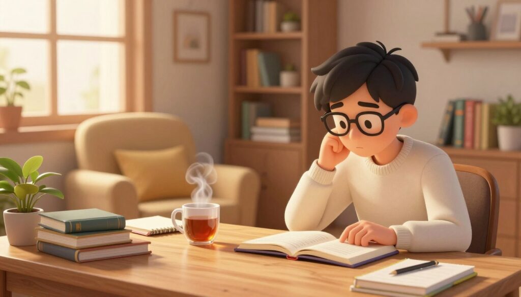 A cozy study environment designed for focused work amidst chaos. In the foreground, a wooden desk cluttered with books, notebooks, and a steaming mug of tea, conveys a sense of engagement. A thoughtful student, dressed in a light sweater and glasses, leans over an open book, their expression focused. In the middle, a comfortable armchair offers a rest spot, while a small potted plant adds a touch of nature. The background showcases a softly lit room with warm, ambient lighting; shelves filled with books and personal items create a nurturing space. A large window allows soft daylight to filter in, creating a calm atmosphere. The overall mood is serene and inviting, perfect for mental preparation. A cozy study environment designed for focused work amidst chaos. In the foreground, a wooden desk cluttered with books, notebooks, and a steaming mug of tea, conveys a sense of engagement. A thoughtful student, dressed in a light sweater and glasses, leans over an open book, their expression focused. In the middle, a comfortable armchair offers a rest spot, while a small potted plant adds a touch of nature. The background showcases a softly lit room with warm, ambient lighting; shelves filled with books and personal items create a nurturing space. A large window allows soft daylight to filter in, creating a calm atmosphere. The overall mood is serene and inviting, perfect for mental preparation.