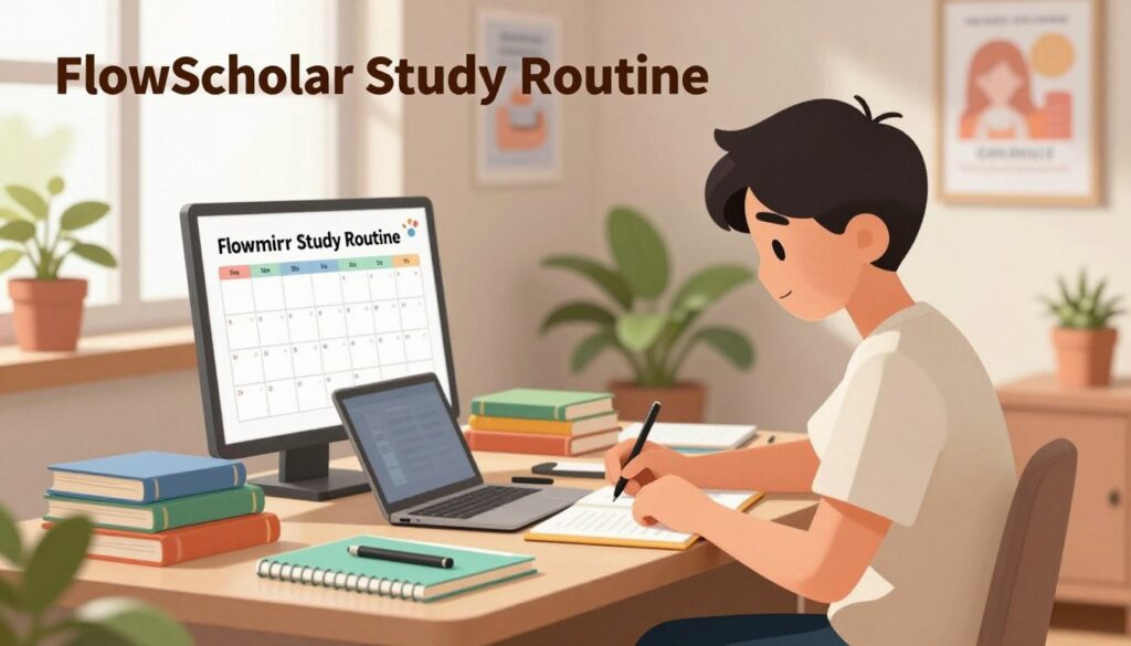 A cozy study environment illustrating a "FlowScholar Study Routine" for teens. In the foreground, a teen wearing comfortable yet professional clothing sits at a neatly organized desk, focused on their study materials, with colorful books, notebooks, and a laptop. In the middle, we see a calendar and a small whiteboard with a study schedule, emphasizing structure and organization. The background features a well-lit room with soft natural light coming through a window, potted plants, and motivational posters on the walls, creating an inspiring atmosphere. The overall mood is calm and productive, inviting a sense of balance and focus, captured with a warm color palette and a slight depth of field to emphasize the study area. A cozy study environment illustrating a "FlowScholar Study Routine" for teens. In the foreground, a teen wearing comfortable yet professional clothing sits at a neatly organized desk, focused on their study materials, with colorful books, notebooks, and a laptop. In the middle, we see a calendar and a small whiteboard with a study schedule, emphasizing structure and organization. The background features a well-lit room with soft natural light coming through a window, potted plants, and motivational posters on the walls, creating an inspiring atmosphere. The overall mood is calm and productive, inviting a sense of balance and focus, captured with a warm color palette and a slight depth of field to emphasize the study area.