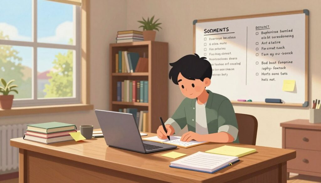 A cozy study room filled with natural light streaming through a large window. In the foreground, a polished wooden desk cluttered with notebooks, colorful sticky notes, and a laptop. A focused student, dressed in smart casual attire, sits at the desk, writing goals on a notepad. On the wall behind the desk, a whiteboard displays neatly written study objectives and motivational quotes. In the middle ground, a bookshelf filled with textbooks and reference materials adds depth. The background features a calming outdoor scene with trees and a clear blue sky. The overall atmosphere is one of motivation and productivity, with warm, inviting lighting creating a sense of purpose and concentration. The image captures the essence of setting clear study goals.