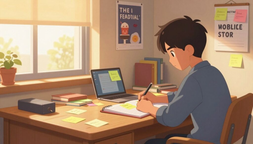 A cozy study room with a large wooden desk in the foreground, cluttered with colorful sticky notes representing small tasks accomplished. A determined student, dressed in smart casual attire, sits at the desk, highlighting the notes in a planner. In the middle ground, several motivational posters related to studying hang on the walls, providing an encouraging vibe. A window in the background lets warm, golden sunlight pour in, creating a soft and inspirational atmosphere. The lighting emphasizes a sense of hope and productivity, while the overall composition conveys a feeling of progress and achievement. The scene is framed with a slight angle to highlight both the student’s focus on tasks and the joyful accumulation of small wins represented by the notes. A cozy study room with a large wooden desk in the foreground, cluttered with colorful sticky notes representing small tasks accomplished. A determined student, dressed in smart casual attire, sits at the desk, highlighting the notes in a planner. In the middle ground, several motivational posters related to studying hang on the walls, providing an encouraging vibe. A window in the background lets warm, golden sunlight pour in, creating a soft and inspirational atmosphere. The lighting emphasizes a sense of hope and productivity, while the overall composition conveys a feeling of progress and achievement. The scene is framed with a slight angle to highlight both the student’s focus on tasks and the joyful accumulation of small wins represented by the notes.