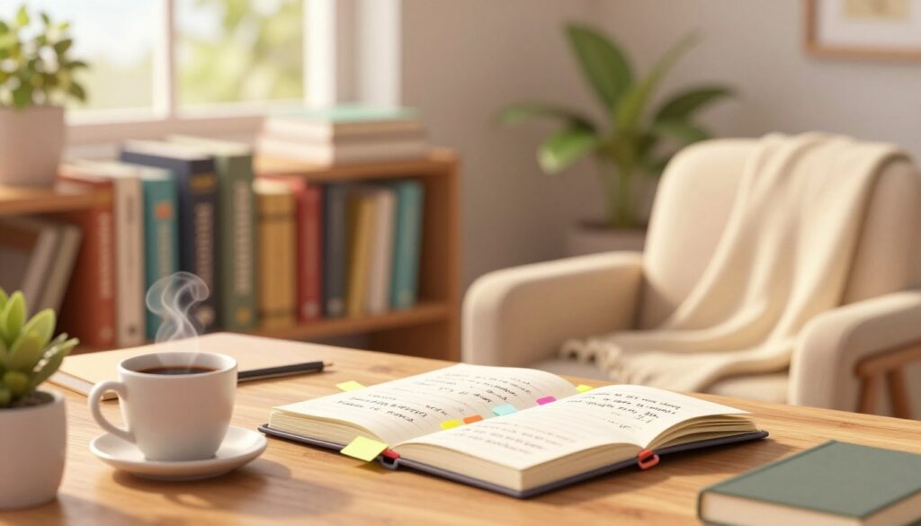 A cozy study space designed for crafting personalized reading lists. In the foreground, a wooden desk with an open notebook filled with handwritten notes, colorful sticky tabs, and a steaming cup of coffee. In the middle ground, a bookshelf with a diverse selection of books on various skills, from self-improvement to professional development, each one partially visible. A comfy armchair with a soft throw blanket beside the desk invites relaxation. In the background, warm, natural light filters in through a window adorned with plants, creating a peaceful and inspiring atmosphere. The mood is focused yet inviting, encouraging creativity and engagement in the reading process. Use a soft focus lens effect to enhance the warmth of the scene, providing a sense of personal connection to the reading journey.