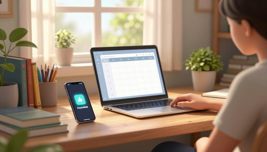 A cozy study space featuring a clutter-free desk bathed in warm, focused lighting. In the foreground, a sleek smartphone displays a glowing "Focus Mode" icon, subtly illuminated against the backdrop of textbooks and stationery neatly arranged. In the middle, a laptop is open, showcasing a digital calendar or task list, symbolizing productivity. The background features a soft-focus window with gently swaying curtains, allowing natural light to stream in, enhancing the calming atmosphere. Green plants are positioned on the desk and nearby shelves, bringing serenity to the scene. The angle is slightly over the shoulder, offering a view of the workspace and conveying an inviting, focused mood, perfect for studying and minimizing distractions.