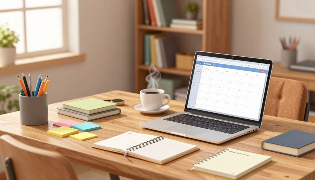 A cozy study space for a student’s weekly review, featuring a wooden desk with neatly organized stationery, a laptop open to a calendar app, and a steaming cup of coffee. In the foreground, there are colorful sticky notes and a planner, while the middle ground includes a chair with a comfortable cushion. The background showcases a bookshelf filled with textbooks and personal items, with a window allowing soft natural light to illuminate the scene, creating a warm and inviting atmosphere. The setting should convey a sense of focus and productivity, with a slight depth of field to enhance the study environment. The mood is calm and inspiring, perfect for a reflective study session.