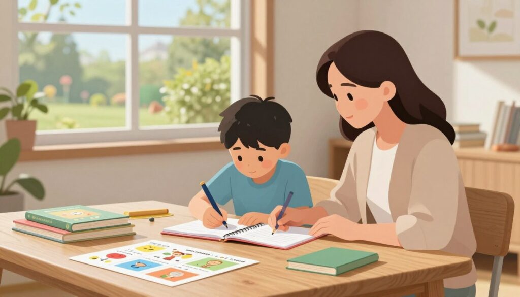 A cozy, well-lit home learning environment showcasing a parent and child engaged in a supportive homeschooling activity. In the foreground, a mother in casual yet professional attire is seated at a wooden table, guiding her son, who is focused on writing in a notebook. The middle ground features educational materials, such as books and colorful charts, scattered around, emphasizing a personalized learning experience. In the background, a sunlit window reveals a lush garden, creating an inviting atmosphere that promotes creativity. Soft, natural light filters in, casting gentle shadows, while the overall mood is warm and encouraging, illustrating the vital role of parents in fostering self-directed learning and independence in children. A cozy, well-lit home learning environment showcasing a parent and child engaged in a supportive homeschooling activity. In the foreground, a mother in casual yet professional attire is seated at a wooden table, guiding her son, who is focused on writing in a notebook. The middle ground features educational materials, such as books and colorful charts, scattered around, emphasizing a personalized learning experience. In the background, a sunlit window reveals a lush garden, creating an inviting atmosphere that promotes creativity. Soft, natural light filters in, casting gentle shadows, while the overall mood is warm and encouraging, illustrating the vital role of parents in fostering self-directed learning and independence in children.