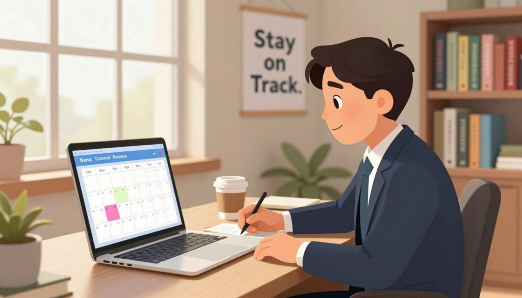 A cozy, well-lit home office scene showcasing a professional in business attire sitting at a desk, focused on planning tasks for the day. The foreground features a laptop displaying a digital calendar with two highlighted days marked for productivity. The middle ground includes a coffee cup, notepad, and a motivational poster on the wall reading "Stay on Track." In the background, large windows let in warm, natural light, illuminating a bookshelf filled with self-help books. The mood is positive and motivating, emphasizing focus and determination while overcoming challenges. The scene is captured with a wide-angle lens, creating a sense of depth and inviting atmosphere, suitable for illustrating the concept of the Two-Day Rule.