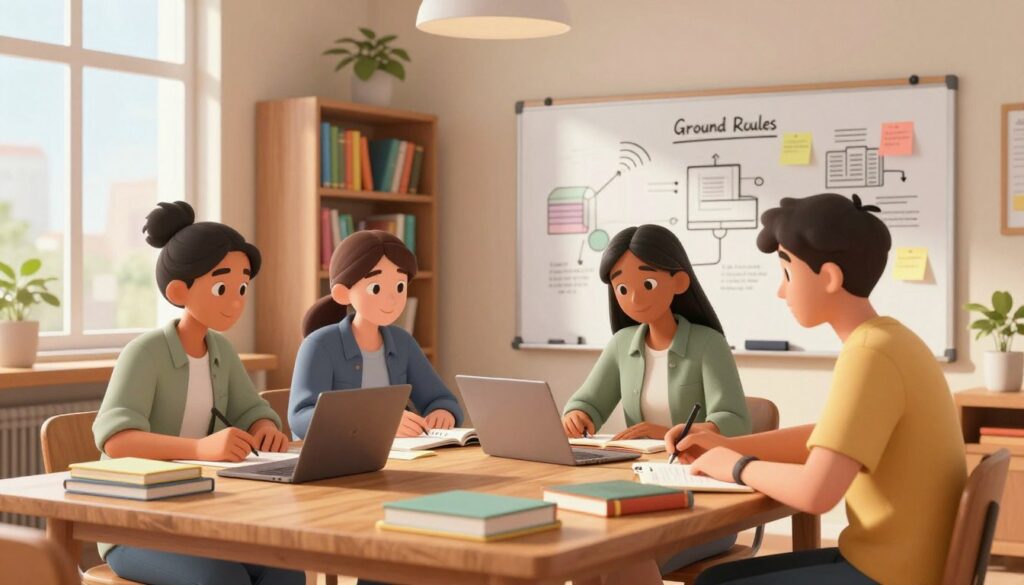 A cozy, well-lit study room featuring a diverse group of three to five friends engaged in focused collaboration. In the foreground, a wooden table is cluttered with textbooks, laptops, and notepads, with one person writing notes and another discussing an idea, all dressed in smart casual attire. In the middle, a whiteboard is filled with inspirational diagrams and post-it notes, illustrating their ground rules for productivity. In the background, bookshelves lined with colorful books and soft, ambient lighting enhance the atmosphere. A large window allows natural light to filter in, casting warm shadows that create a welcoming vibe. The scene conveys a sense of teamwork, concentration, and mutual support while emphasizing a productive study environment.