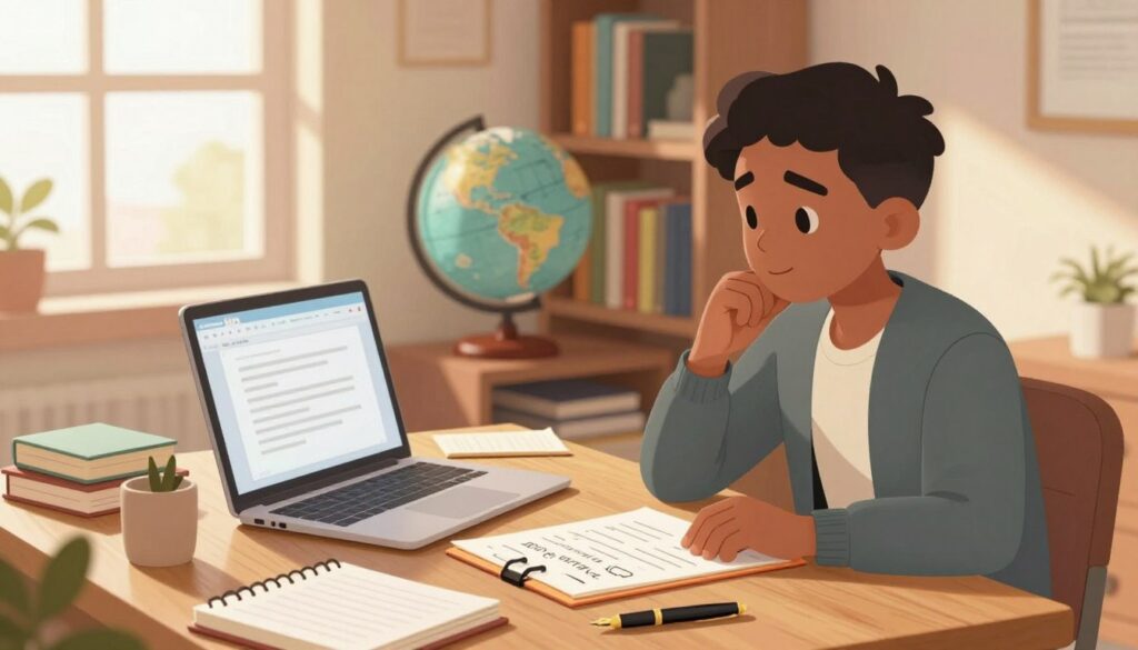 A cozy, well-lit study room in soft, warm tones featuring a wooden desk cluttered with notebooks, a fountain pen, and an open laptop displaying a blank document, symbolizing the beginning of an essay. In the foreground, a person of diverse ethnicity, dressed in a smart-casual outfit, sits with a thoughtful expression, one hand touching their chin as they gaze at a notepad filled with notes and ideas. In the middle ground, a globe and bookshelf filled with books on writing and grammar can be seen. The background features a large window with sunlight streaming in, casting gentle shadows, enhancing the mood of inspiration and focus. The atmosphere conveys a sense of calm and motivation, perfect for crafting the perfect introduction. A cozy, well-lit study room in soft, warm tones featuring a wooden desk cluttered with notebooks, a fountain pen, and an open laptop displaying a blank document, symbolizing the beginning of an essay. In the foreground, a person of diverse ethnicity, dressed in a smart-casual outfit, sits with a thoughtful expression, one hand touching their chin as they gaze at a notepad filled with notes and ideas. In the middle ground, a globe and bookshelf filled with books on writing and grammar can be seen. The background features a large window with sunlight streaming in, casting gentle shadows, enhancing the mood of inspiration and focus. The atmosphere conveys a sense of calm and motivation, perfect for crafting the perfect introduction.