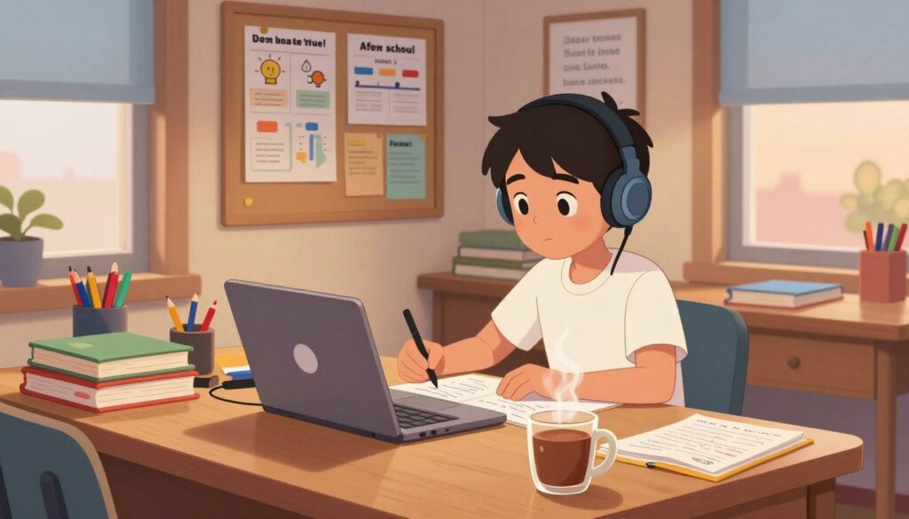 A cozy, well-lit study room with a young student, around 14 years old, sitting at a wooden desk cluttered with textbooks, notebooks, and a laptop. The student is focused, with headphones on, and surrounded by colorful stationery. In the foreground, a steaming mug of hot chocolate rests beside a half-finished homework sheet. The middle ground features a bulletin board with various educational charts and motivational quotes. In the background, a window reveals a soft evening glow, casting warm light into the room. The atmosphere is calm and studious, evoking a sense of productivity and organization, perfect for an after-school routine dedicated to homework and studying.