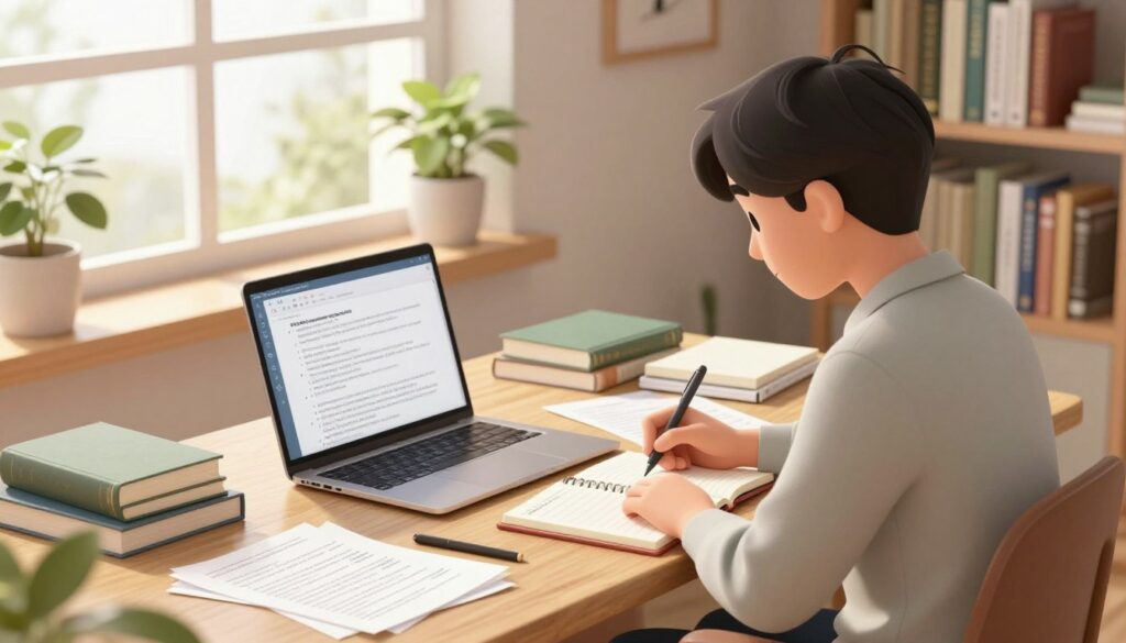 A cozy, well-lit workspace scene depicting the drafting process of an essay. In the foreground, a professional individual in business casual attire sits at a wooden desk, writing in a notebook with a focused expression. Beside them, an open laptop displays notes and outlines. The middle layer features scattered papers and books about writing techniques and brainstorming ideas, adding depth to the creative chaos. In the background, a large window lets in warm, natural light, illuminating plants and bookshelf filled with writing resources. The atmosphere is calm and inspiring, evoking a sense of productivity and clarity, perfect for conveying the drafting stage of the writing process. The overall composition is balanced and inviting, with soft shadows enhancing the cozy work environment. A cozy, well-lit workspace scene depicting the drafting process of an essay. In the foreground, a professional individual in business casual attire sits at a wooden desk, writing in a notebook with a focused expression. Beside them, an open laptop displays notes and outlines. The middle layer features scattered papers and books about writing techniques and brainstorming ideas, adding depth to the creative chaos. In the background, a large window lets in warm, natural light, illuminating plants and bookshelf filled with writing resources. The atmosphere is calm and inspiring, evoking a sense of productivity and clarity, perfect for conveying the drafting stage of the writing process. The overall composition is balanced and inviting, with soft shadows enhancing the cozy work environment.