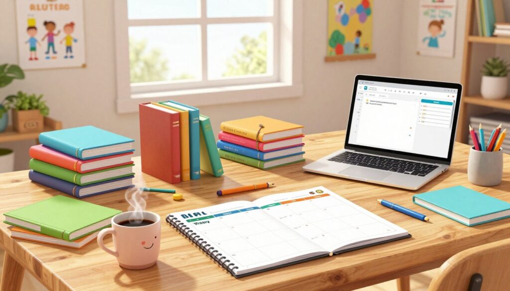 A cozy, well-organized homeschool planning workspace featuring a large wooden table strewn with colorful notebooks, a detailed weekly planner, and various educational materials. In the foreground, a steaming cup of coffee and an array of writing utensils sit beside the planner. The middle ground displays neatly arranged stacks of books on homeschooling strategies, and a laptop open to a digital planning tool. In the background, a bright window allows warm, natural light to illuminate the room, creating an inviting atmosphere. The walls are decorated with educational posters and art created by kids. The overall scene conveys motivation, organization, and a sense of calm, ideal for fostering creativity and focus in lesson planning.
