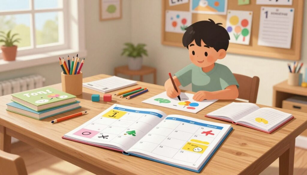 A cozy, well-organized homeschool scene featuring a wooden table adorned with colorful lesson plans, textbooks, and art supplies. In the foreground, a neatly designed calendar is open, displaying a flexible weekly schedule filled with sections for subjects like math, science, and reading. The middle ground includes a cheerful child, around 8 years old, engaged in a hands-on craft project, wearing comfortable, modest clothing. Soft, natural light streams through a nearby window, casting gentle shadows and creating a warm, inviting atmosphere. In the background, a wall-mounted bulletin board displays educational visuals and student artwork, enhancing the sense of a personalized learning environment. The image conveys adaptability and creativity in homeschooling without overwhelming the viewer.