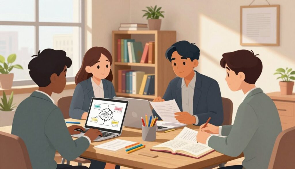 A cozy, well-organized study space featuring a wooden desk adorned with open textbooks, colorful stationery, and a laptop displaying a thoughtful mind map. In the foreground, a diverse group of three individuals, dressed in professional business attire, are engaged in collaborative discussion, pointing at notes and sharing ideas. The middle ground showcases a vibrant bookshelf filled with various educational books, plants adding a touch of warmth. The background includes a large window allowing natural light to flood the room, casting soft shadows, with cityscape glimpses beyond. The atmosphere is focused and motivational, evoking a sense of diligent learning and teamwork, emphasizing a practical approach to mastering concepts.