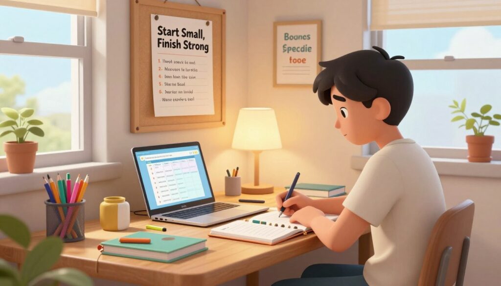 A cozy, well-organized study space showcasing the "Start Small, Finish Strong" method for homework management. In the foreground, a neatly arranged wooden desk is filled with colorful stationery, an open planner, and a laptop displaying a schedule. A focused student in modest casual attire is sitting at the desk, writing notes and looking determined, embodying productivity. In the middle, a soft lamp casts warm lighting, enhancing the inviting atmosphere. A bulletin board in the background displays motivational quotes and a task list, showcasing goals and smaller steps to achieve them. The window reveals a sunny day, adding natural light, and creating a sense of hope and motivation. The overall mood conveys organization, focus, and empowerment in an inviting study setting.