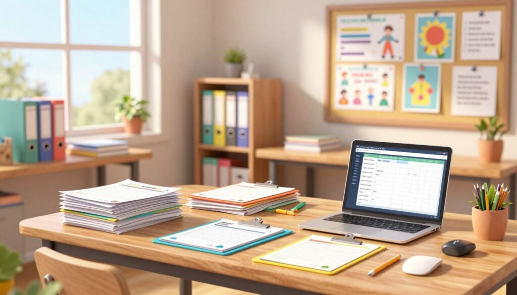 A cozy, well-organized teacher's workspace featuring vibrant teacher resources and colorful printables. In the foreground, a stylish wooden desk cluttered with neatly stacked worksheets, colorful clipboards, and a laptop displaying a digital planner. In the middle ground, shelves filled with binders of lesson plans, decorative charts, and a bulletin board overflowing with motivational posters and student artwork. In the background, soft natural light streams through a large window, casting a warm glow over the scene. The atmosphere is inviting and productive, encouraging creativity and planning. The focus is on the diversity of teaching materials, emphasizing the importance of preparation in education without any text or distractions. A cozy, well-organized teacher's workspace featuring vibrant teacher resources and colorful printables. In the foreground, a stylish wooden desk cluttered with neatly stacked worksheets, colorful clipboards, and a laptop displaying a digital planner. In the middle ground, shelves filled with binders of lesson plans, decorative charts, and a bulletin board overflowing with motivational posters and student artwork. In the background, soft natural light streams through a large window, casting a warm glow over the scene. The atmosphere is inviting and productive, encouraging creativity and planning. The focus is on the diversity of teaching materials, emphasizing the importance of preparation in education without any text or distractions.