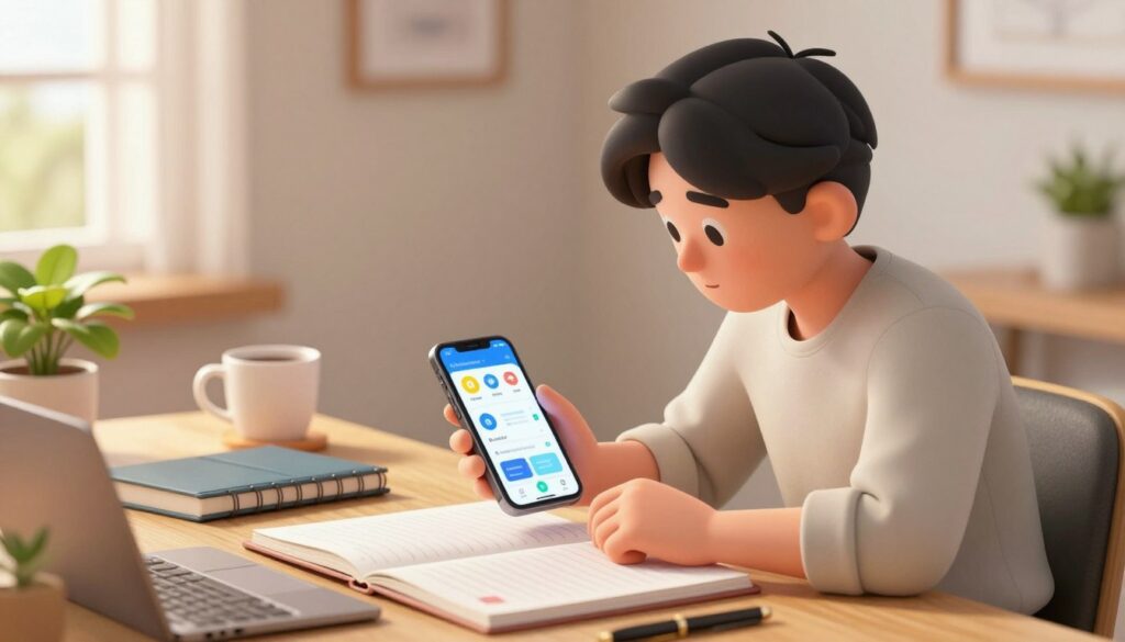 A cozy workspace scene featuring a smartphone displaying various study apps on its screen. In the foreground, a young adult in comfortable but professional attire leans over a wooden desk, intently focusing on their phone while surrounded by neatly organized study materials like notebooks and pens. The middle ground showcases a warm cup of coffee and a small indoor plant, adding an inviting touch. In the background, soft, ambient lighting filters through a window with sheer curtains, illuminating the space and creating a calm, productive atmosphere. The overall mood should feel serene yet inspiring, encouraging a sense of balanced productivity. The image should be vibrant and clear, visualizing the concept of using technology for productive breaks while studying.