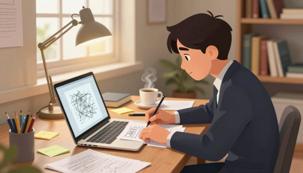 A cozy writing studio with a writer in professional attire, deeply focused on transforming a messy first draft into a clean version. In the foreground, an open laptop displays surrounded by scattered papers filled with notes and ideas. The middle ground features a wooden desk cluttered with pens, sticky notes, and a steaming cup of coffee, suggesting a productive environment. In the background, the room is softly lit by a warm desk lamp and natural light streaming in through a window, illuminating shelves filled with books. The atmosphere is calm and inspiring, emphasizing creativity and dedication, as the writer leans over the keyboard, poised for the next stage of the writing process. A cozy writing studio with a writer in professional attire, deeply focused on transforming a messy first draft into a clean version. In the foreground, an open laptop displays surrounded by scattered papers filled with notes and ideas. The middle ground features a wooden desk cluttered with pens, sticky notes, and a steaming cup of coffee, suggesting a productive environment. In the background, the room is softly lit by a warm desk lamp and natural light streaming in through a window, illuminating shelves filled with books. The atmosphere is calm and inspiring, emphasizing creativity and dedication, as the writer leans over the keyboard, poised for the next stage of the writing process.