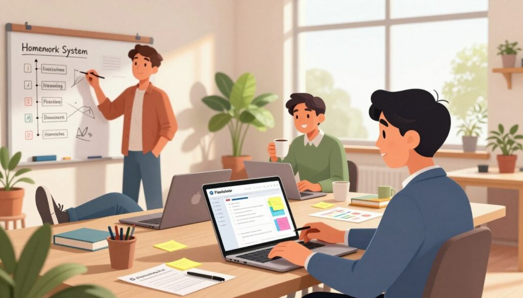 A creative workspace scene featuring four distinct time management personalities engaging with the FlowScholar Homework System. In the foreground, a focused individual in professional attire uses a digital planner, surrounded by colorful sticky notes and organized materials. To the left, a relaxed person in comfortable casual clothing scribbles on a whiteboard filled with timelines and strategies. In the middle, a collaborative pair enthusiastically discusses ideas over coffee, with laptops open displaying the FlowScholar interface. The background shows a bright, airy studio filled with plants and a large window letting in soft, natural light, casting warm reflections. The overall mood is motivational and productive, capturing the essence of effective time management and teamwork. A creative workspace scene featuring four distinct time management personalities engaging with the FlowScholar Homework System. In the foreground, a focused individual in professional attire uses a digital planner, surrounded by colorful sticky notes and organized materials. To the left, a relaxed person in comfortable casual clothing scribbles on a whiteboard filled with timelines and strategies. In the middle, a collaborative pair enthusiastically discusses ideas over coffee, with laptops open displaying the FlowScholar interface. The background shows a bright, airy studio filled with plants and a large window letting in soft, natural light, casting warm reflections. The overall mood is motivational and productive, capturing the essence of effective time management and teamwork.