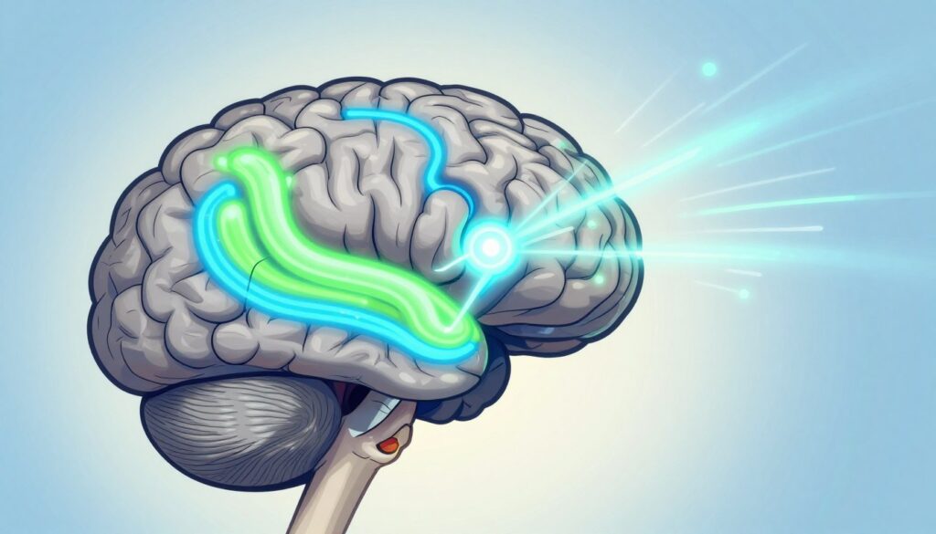 A detailed illustration of a human brain, prominently displayed in the foreground with anatomical accuracy. Highlight specific areas of the brain associated with focus and productivity using vibrant, luminous colors like neon blue and green, creating a visually striking contrast against the natural gray of the brain. In the middle ground, include abstract representations of focused thoughts and productivity, such as flowing lines or light beams emanating from the highlighted areas. The background should feature a soft gradient of light blue and white, evoking a sense of clarity and concentration. Use soft, diffuse lighting to enhance the tranquil and inspiring atmosphere, creating a mood that conveys focus and motivation. Capture the image from a slightly elevated angle for depth and perspective. No text or markings included.