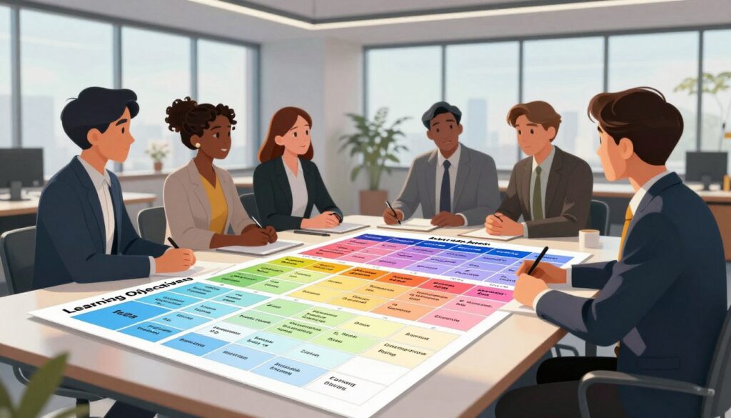A detailed learning objectives alignment table displayed prominently in a modern, sleek office setting. In the foreground, the table is neatly structured with rows and columns filled with vibrant colors representing different educational objectives and corresponding assessment methods. The middle section features a focused perspective on a diverse group of professionals dressed in business attire, engaged in discussion over the table, analyzing the chart. The background showcases a well-lit, contemporary office space with large windows, allowing natural light to illuminate the scene, casting soft shadows. The overall atmosphere conveys collaboration and productivity, highlighting the importance of aligning assessments with learning objectives. The lens captures the scene with a slight depth of field, emphasizing the table and participants while gently blurring the background for an elegant finish.