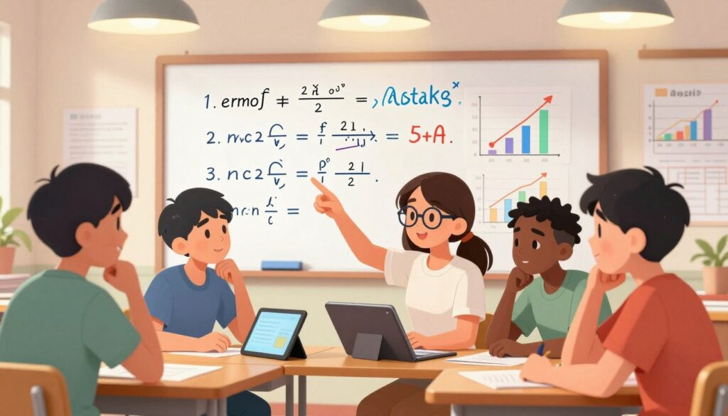 A detailed scene depicting a math error analysis process, set in a bright classroom environment. In the foreground, a diverse group of four students sits at desks, intently discussing math problems, their expressions focused and thoughtful. One student, a young woman with glasses, points at a math problem on her tablet, illustrating an error she discovered. In the middle, a large whiteboard displays complex equations and annotations in colorful markers, highlighting common mistakes, with charts and graphs in the background symbolizing progress. The overhead lighting is warm and inviting, creating a focused, productive atmosphere. The angle is slightly above eye-level, capturing the engagement and collaboration among the students, emphasizing the importance of understanding errors in mathematics.