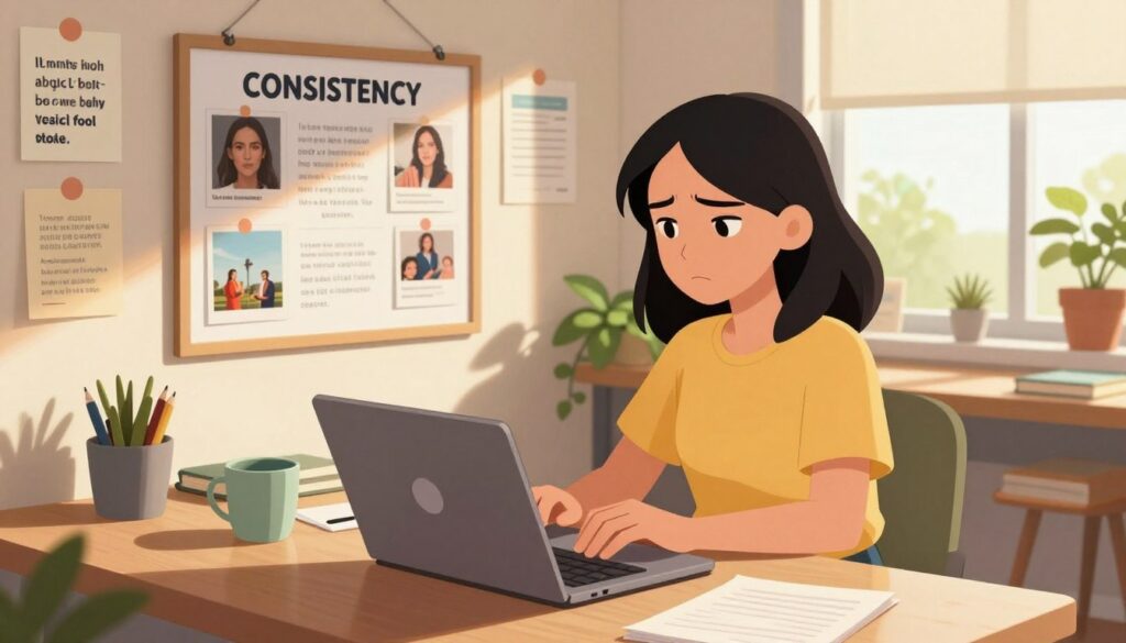 A determined young woman sits at a well-organized desk in a sunlit home office, surrounded by motivational quotes on the walls. In the foreground, she focuses intently on a laptop, fingers poised above the keyboard, radiating a sense of dedication. The middle layer features a motivational vision board with images of goals and aspirations pinned up beside her, embodying the theme of consistency. The background showcases a window with natural light streaming in, illuminating plants that symbolize growth. The atmosphere conveys resilience and purpose, with warm lighting creating a cozy yet inspiring mood. The angle is a slight bird's eye view, emphasizing her commitment while also showing the visual richness of her workspace. The scene should feel both aspirational and relatable, encouraging viewers to stay committed even when motivation wanes. A determined young woman sits at a well-organized desk in a sunlit home office, surrounded by motivational quotes on the walls. In the foreground, she focuses intently on a laptop, fingers poised above the keyboard, radiating a sense of dedication. The middle layer features a motivational vision board with images of goals and aspirations pinned up beside her, embodying the theme of consistency. The background showcases a window with natural light streaming in, illuminating plants that symbolize growth. The atmosphere conveys resilience and purpose, with warm lighting creating a cozy yet inspiring mood. The angle is a slight bird's eye view, emphasizing her commitment while also showing the visual richness of her workspace. The scene should feel both aspirational and relatable, encouraging viewers to stay committed even when motivation wanes.