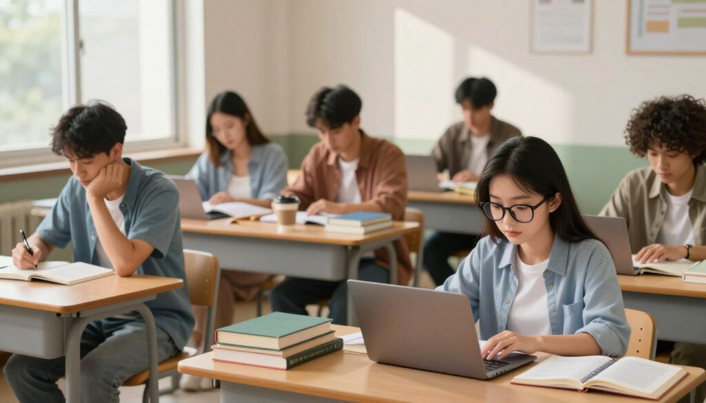A diverse group of college students in a cozy study room, each focused on their tasks while balancing their independence and responsibilities. In the foreground, a young woman with glasses reviews notes on her laptop, dressed in casual but neat clothing. To her left, a young man scribbles in a notebook, looking contemplative. In the middle ground, a study table is cluttered with textbooks, notebooks, and coffee cups, creating a dynamic atmosphere of hard work and camaraderie. In the background, a large window allows soft, natural light to filter in, casting gentle shadows on the wall. The overall mood is one of productivity and determination, capturing the essence of managing increasing workloads amidst a supportive environment. A diverse group of college students in a cozy study room, each focused on their tasks while balancing their independence and responsibilities. In the foreground, a young woman with glasses reviews notes on her laptop, dressed in casual but neat clothing. To her left, a young man scribbles in a notebook, looking contemplative. In the middle ground, a study table is cluttered with textbooks, notebooks, and coffee cups, creating a dynamic atmosphere of hard work and camaraderie. In the background, a large window allows soft, natural light to filter in, casting gentle shadows on the wall. The overall mood is one of productivity and determination, capturing the essence of managing increasing workloads amidst a supportive environment.