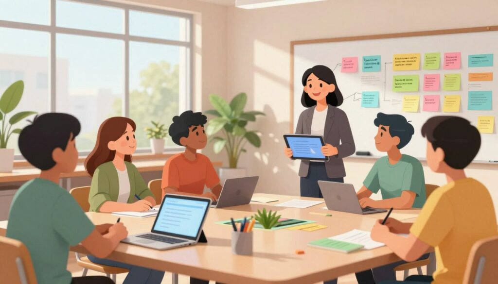 A diverse group of educators and students are engaged in a vibrant brainstorming session around a large table in a bright, modern classroom. In the foreground, a smiling teacher in professional attire is presenting ideas on a digital tablet, while students actively nod and share thoughts. In the middle background, a whiteboard filled with colorful sticky notes showcases collaborative feedback points. Soft, natural light streams through large windows, illuminating the scene and creating a welcoming atmosphere. The room is filled with greenery, and a sense of camaraderie and shared purpose is palpable, symbolizing the concept of a collaborative feedback culture. Capture the moment from an angled perspective that emphasizes the innovative interaction among the participants.