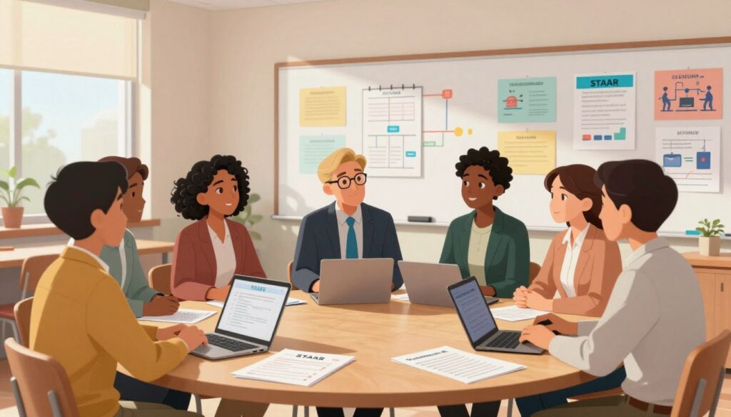 A diverse group of educators, including male and female teachers of various ethnicities, engaged in a thoughtful discussion in a modern classroom setting. The foreground shows a round wooden table with some laptops and assessment papers scattered around, symbolizing preparation for standardized tests like STAAR, SAT, and ACT. In the middle, the teachers are attentively listening and sharing ideas, dressed in professional business attire. The background features a large whiteboard filled with colorful charts and posters about educational strategies and technology integration. Soft natural light pours in through large windows, creating a warm, inviting atmosphere. The overall mood conveys optimism, collaboration, and a proactive approach to education, with a focus on readiness for upcoming challenges.