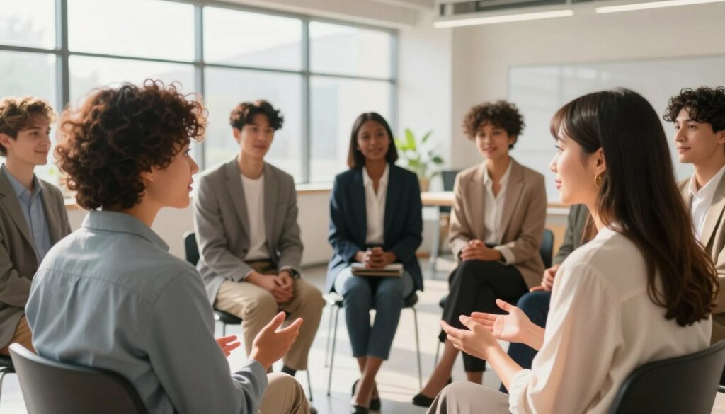 A diverse group of empathetic young adults engage in a collaborative discussion in a bright, modern office space. In the foreground, two individuals—one with curly hair and the other with straight hair—are actively listening to each other, their body language open and inviting. In the middle ground, a few more people participate, showcasing a blend of ethnicities, all dressed in professional business attire, conveying unity and respect. The background features large windows allowing natural sunlight to fill the room, creating a warm and welcoming atmosphere. The composition is captured with a 50mm lens, emphasizing the expressions of care and understanding among the group, fostering an ambiance of modern leadership and effective communication. The overall mood is positive and encouraging, demonstrating the power of empathy in teamwork.