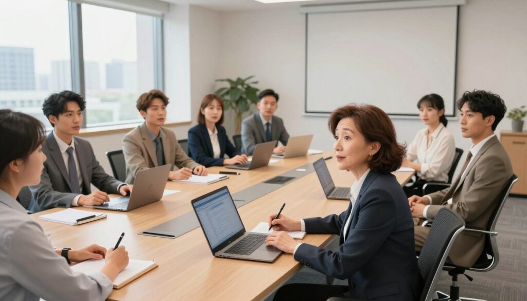 A diverse group of professionals seated in a modern conference room, engaged in a dynamic discussion. In the foreground, a middle-aged woman in a smart blazer leans forward, her expression focused and attentive. Beside her, a young man in business casual attire takes notes. The middle layer features a long rectangular table cluttered with laptops, notepads, and pens, symbolizing preparation and ideas in the air. In the background, a large window lets in natural light, illuminating the room and highlighting a city skyline outside, adding a sense of professionalism and energy. The overall atmosphere is collaborative and thoughtful, with a warm color palette that invites engagement. Shot with a slight wide-angle lens to capture the group dynamic, emphasizing the importance of understanding audience and context.