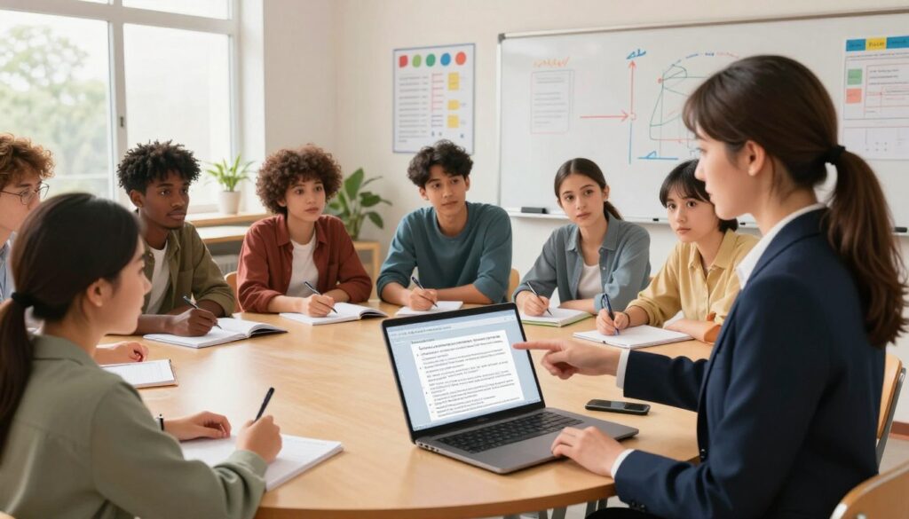 A diverse group of students around a large, rounded table in a well-lit classroom, engaged in live grading feedback session. In the foreground, a focused female instructor in professional business attire is explaining a grading rubric while pointing at a laptop screen displaying student work. In the middle, students of various ethnic backgrounds are attentively taking notes and discussing amongst themselves, showcasing expressions of curiosity and eagerness for improvement. The background features educational charts and an interactive whiteboard filled with colorful annotations. Soft, natural lighting from large windows creates a warm and collaborative atmosphere, inviting engagement and discussion. The angle captures a dynamic perspective, emphasizing connection and interaction among participants.