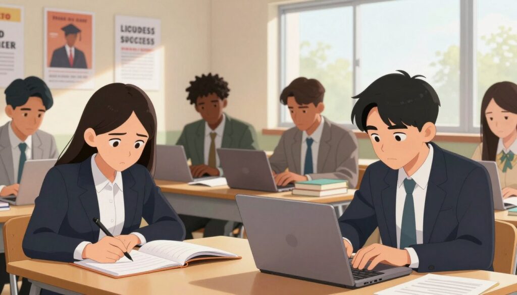 A diverse group of students in professional attire focus determinedly on their laptops in a well-lit study room. In the foreground, one student, a young woman of Asian descent, leans forward, taking notes with passion, her expression reflecting resolve. In the middle ground, two male students, one Black and one Hispanic, collaborate on a project, surrounded by books and study materials. The background features a large window allowing natural light to pour in, illuminating motivational posters about success and perseverance. Soft, warm lighting creates an inviting atmosphere that emphasizes a sense of productivity and hope. The overall scene evokes a feeling of focus and teamwork, symbolizing the journey of maintaining momentum for future success.
