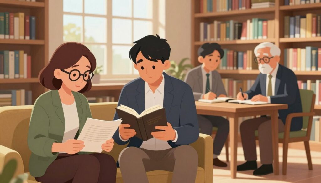 A diverse group of three engaged readers in a cozy, well-lit library setting. In the foreground, a middle-aged woman with glasses, dressed in smart casual attire, is analyzing a document. Beside her, a young man in a blazer, intently flipping through a book, exhibits curiosity. In the background, a third reader, an older gentleman wearing professional clothing, is seated at a wooden table, jotting down notes. The library is filled with warm, natural light filtering through large windows, casting soft shadows. Bookshelves lined with colorful books create a scholarly atmosphere, while comfortable seating suggests a welcoming space for thoughtful engagement. The mood is contemplative and inspiring, ideal for fostering clear communication and understanding while maintaining intellectual integrity. A diverse group of three engaged readers in a cozy, well-lit library setting. In the foreground, a middle-aged woman with glasses, dressed in smart casual attire, is analyzing a document. Beside her, a young man in a blazer, intently flipping through a book, exhibits curiosity. In the background, a third reader, an older gentleman wearing professional clothing, is seated at a wooden table, jotting down notes. The library is filled with warm, natural light filtering through large windows, casting soft shadows. Bookshelves lined with colorful books create a scholarly atmosphere, while comfortable seating suggests a welcoming space for thoughtful engagement. The mood is contemplative and inspiring, ideal for fostering clear communication and understanding while maintaining intellectual integrity.