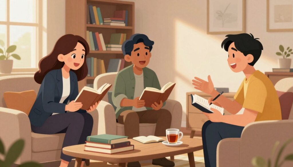A diverse group of three individuals engaged in a lively book club meeting in a cozy, well-lit living room. In the foreground, a woman in professional attire leans forward with a smile, holding an open book, while a man in casual yet smart clothing gestures enthusiastically. Beside them, a person of Asian descent takes notes on a notepad, all seated in comfortable armchairs around a coffee table stacked with books and mugs of tea. In the background, a bookshelf filled with colorful novels and warm lighting creates an inviting atmosphere. Sunlight filters through a window, casting soft shadows, enhancing the sense of camaraderie and shared purpose. The mood is friendly and motivating, emphasizing accountability among readers and writers.
