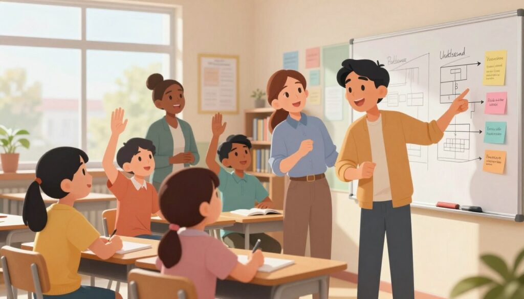 A diverse group of three teachers in a brightly lit classroom, engaged in a dynamic discussion with students seated at desks. In the foreground, a teacher points to a whiteboard filled with charts and colorful notes, illustrating how to assess understanding. The middle ground shows attentive students raising hands, expressing curiosity and eagerness to answer. Natural light streams through large windows, creating a warm, inviting atmosphere. The background is softly blurred with educational posters and shelves lined with books, enhancing the focus on interaction. The scene captures the essence of collaborative teaching, encouraging students to voice their next steps confidently. The mood is supportive and motivating, reflecting effective educational practices. A diverse group of three teachers in a brightly lit classroom, engaged in a dynamic discussion with students seated at desks. In the foreground, a teacher points to a whiteboard filled with charts and colorful notes, illustrating how to assess understanding. The middle ground shows attentive students raising hands, expressing curiosity and eagerness to answer. Natural light streams through large windows, creating a warm, inviting atmosphere. The background is softly blurred with educational posters and shelves lined with books, enhancing the focus on interaction. The scene captures the essence of collaborative teaching, encouraging students to voice their next steps confidently. The mood is supportive and motivating, reflecting effective educational practices.