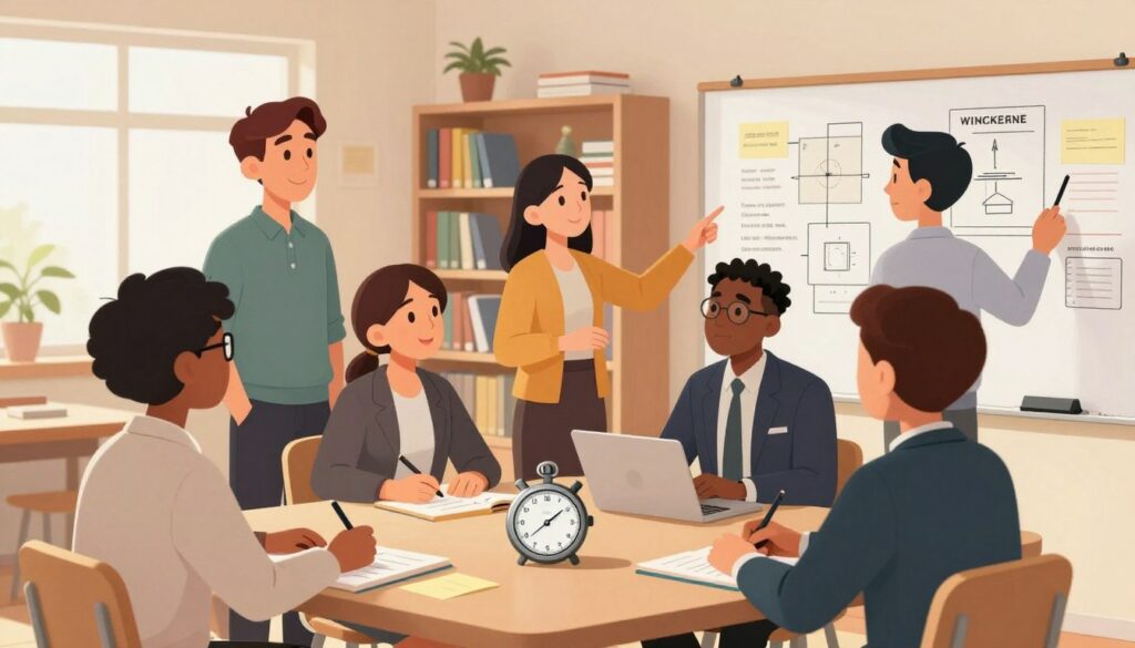 A diverse study group gathered around a table in a bright, modern classroom setting. In the foreground, a focused team leader stands, pointing to a whiteboard filled with notes and diagrams. A note-taker, with glasses, diligently writes in a notebook, while a timekeeper prominently displays a stopwatch. In the middle, two group members engage in a deep discussion, one gesturing with a pen, while the other listens attentively. In the background, shelves of books and educational materials provide an inviting atmosphere. The lighting is warm and well-distributed, creating an energetic yet focused mood. The scene captures the essence of collaboration and role assignment in an academic environment, showcasing participants in professional business attire. A diverse study group gathered around a table in a bright, modern classroom setting. In the foreground, a focused team leader stands, pointing to a whiteboard filled with notes and diagrams. A note-taker, with glasses, diligently writes in a notebook, while a timekeeper prominently displays a stopwatch. In the middle, two group members engage in a deep discussion, one gesturing with a pen, while the other listens attentively. In the background, shelves of books and educational materials provide an inviting atmosphere. The lighting is warm and well-distributed, creating an energetic yet focused mood. The scene captures the essence of collaboration and role assignment in an academic environment, showcasing participants in professional business attire.