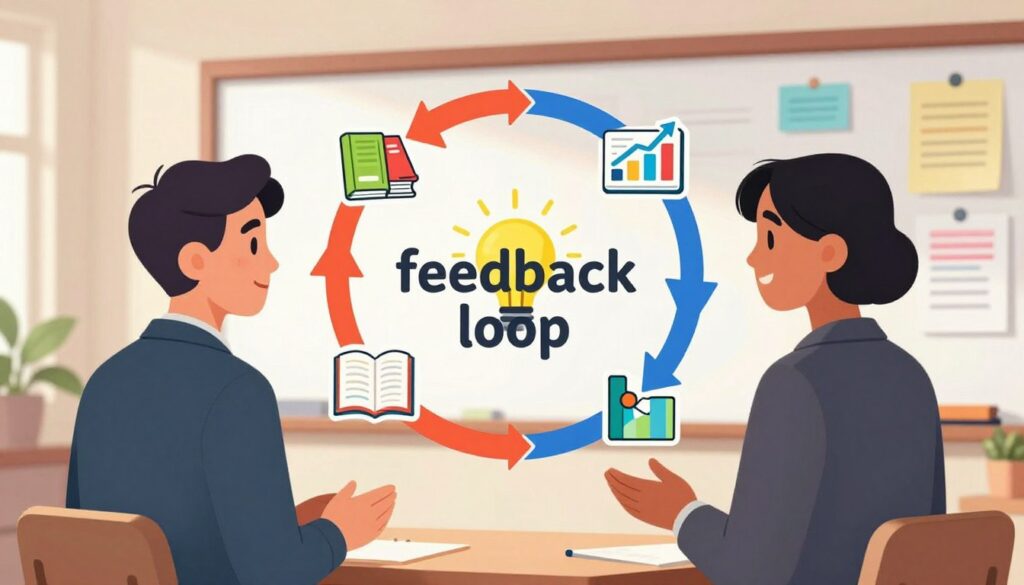 A dynamic and engaging illustration of a "feedback loop" concept, visually represented as a circular flowchart. In the foreground, two diverse teachers, one male and one female, are engaged in a constructive discussion, both dressed in professional business attire. The middle section features arrows connecting various stages of feedback, including assessment, reflection, and improvement, with icons representing growth and learning, like books and lightbulbs. The background showcases a classroom environment with a whiteboard filled with colorful charts and notes, symbolizing collaboration and communication. The lighting is bright and inviting, creating an atmosphere of positivity and productivity. The perspective is slightly angled, giving depth to the scene and emphasizing the interconnectedness of teacher feedback and student growth.