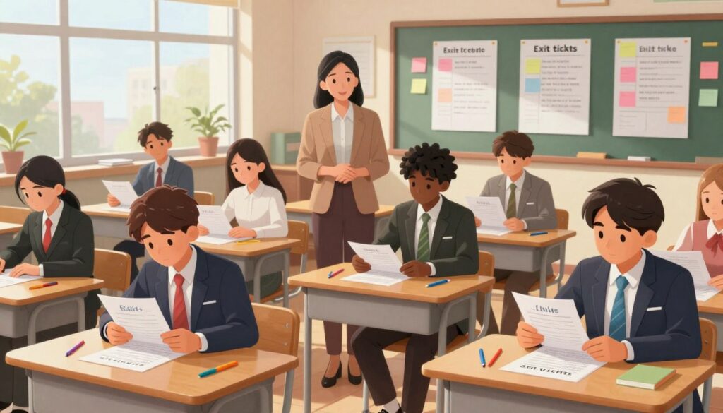 A dynamic classroom scene showcasing the benefits of exit tickets for student assessment. In the foreground, a diverse group of students, dressed in professional business attire, eagerly engaging in an exit ticket activity on individual desks. Each student is focused, with papers and colorful pens scattered around, creating a vibrant and productive atmosphere. In the middle ground, a teacher circulates among the students, providing guidance and encouragement, embodying a supportive educational environment. The background features a classroom board filled with charts and colorful post-it notes, highlighting successful student responses and improvements. Bright, natural lighting streams through large windows, creating a warm and inviting atmosphere that emphasizes collaboration and learning. The overall mood is one of motivation, engagement, and clarity in assessment. A dynamic classroom scene showcasing the benefits of exit tickets for student assessment. In the foreground, a diverse group of students, dressed in professional business attire, eagerly engaging in an exit ticket activity on individual desks. Each student is focused, with papers and colorful pens scattered around, creating a vibrant and productive atmosphere. In the middle ground, a teacher circulates among the students, providing guidance and encouragement, embodying a supportive educational environment. The background features a classroom board filled with charts and colorful post-it notes, highlighting successful student responses and improvements. Bright, natural lighting streams through large windows, creating a warm and inviting atmosphere that emphasizes collaboration and learning. The overall mood is one of motivation, engagement, and clarity in assessment.